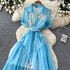 Elegant Short-Sleeve Floral Embroidered Dress for Women Vintage Turn Down Collar Belt Slim A-line Long Maxi Dress