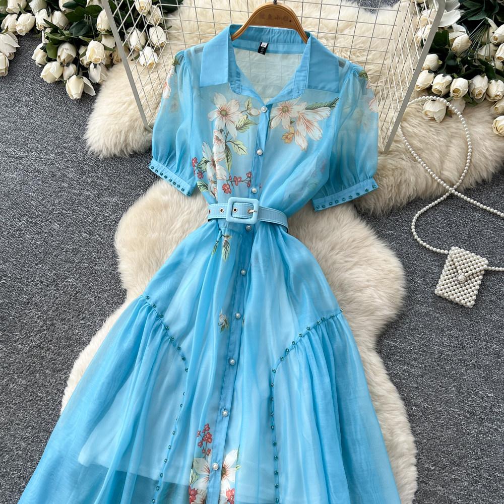 Elegant Short-Sleeve Floral Embroidered Dress for Women Vintage Turn Down Collar Belt Slim A-line Long Maxi Dress