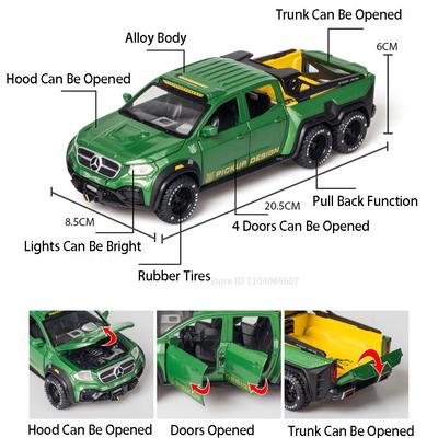 1:28 Scale UNIMOG ORV X-Class Exy 6x6 Toy Car Model Alloy Diecast Pull Back Simulation Sound Light Metal Vehicles for Boys