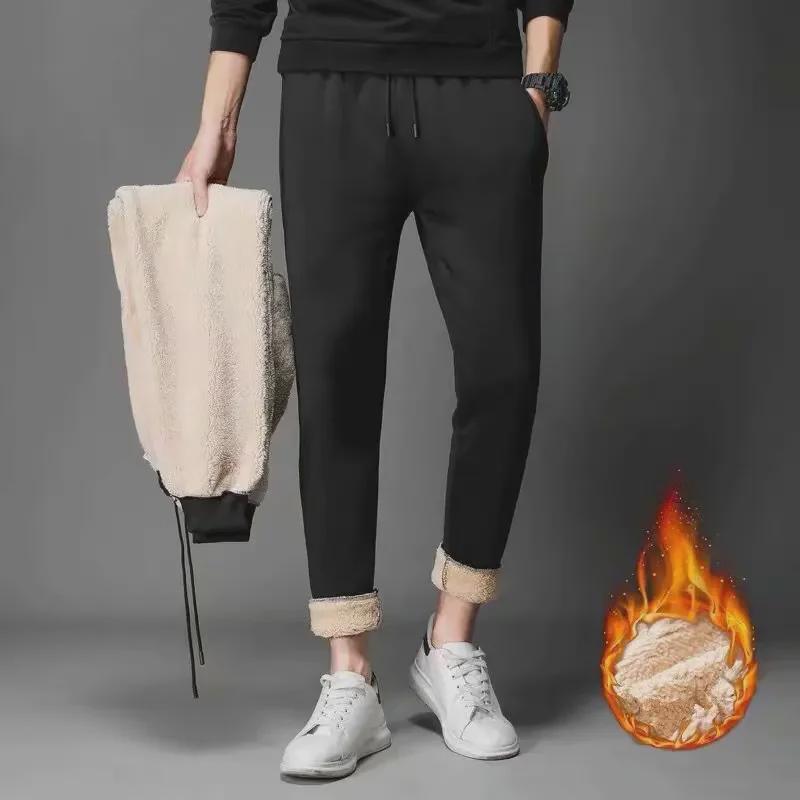 Men's Mid-Waist Elastic Lambskin Drawstring Pants for Autumn/Winter - Plush, Thick, Solid Color Casual Trousers
