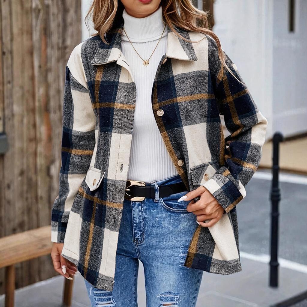 Women's Fashion Plaid Lapel Single Breasted Long Sleeved Shirt Jacket