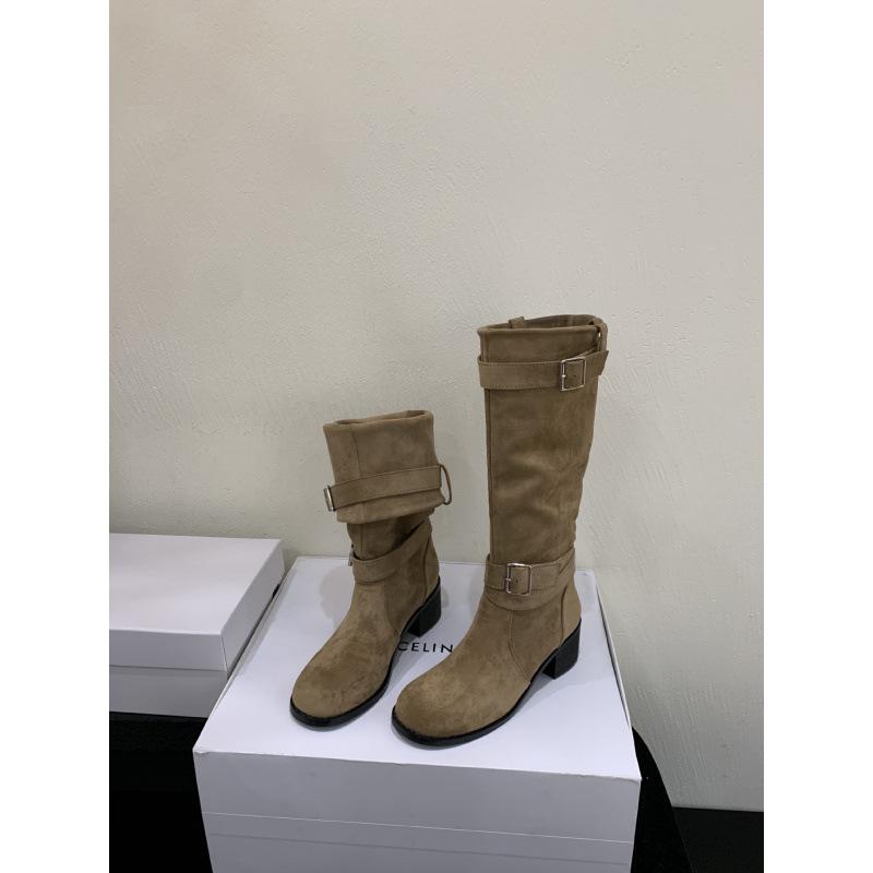 

Versatile can wear more belt buckle boots for women s 2025 autumn new outer wear design suede thick heel knight boots 40 хаки