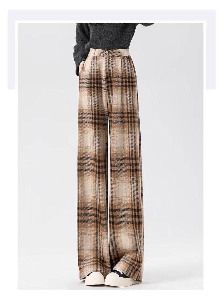 Women's Retro Black & White Plaid Wool Blend Wide-Leg Pants: Fleece-Lined, Thickened, Loose Fit for Autumn/Winter Casual Style.