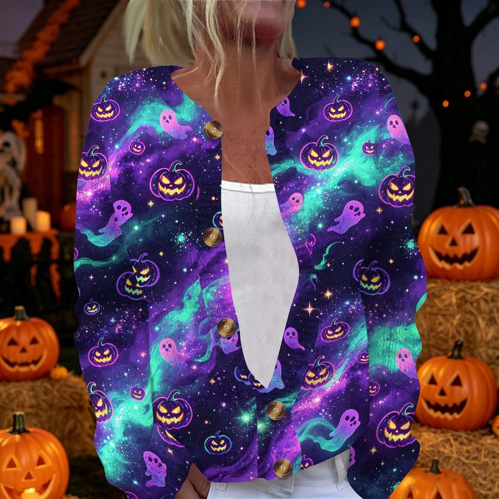 Women's Halloween Print Long Sleeve Knit Cardigan Button Front Sweater Coat Lightweight Casual Outerwear for Fall and Winter
