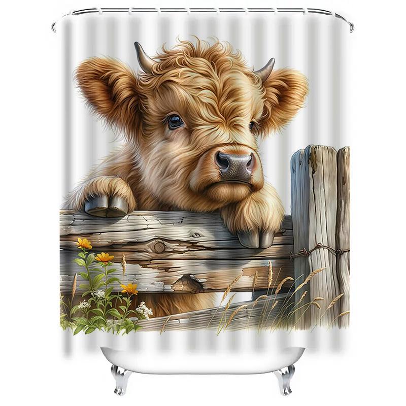 Cute Highland Cow Waterproof Shower Curtain Heat Resistant Machine Washable Non-Transparent 180x180cm