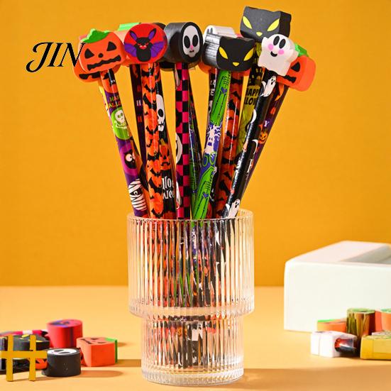 Pumpkin Pencils 12 Pcs Halloween with 3D Skull Ghost Cat Erasers, Smooth Writing Wood Bulk for Goodie Bags, School Classroom Rewards Supplies Seasonal