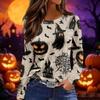 Women's Long Sleeve Neck Top with Halloween Print and Side Slit Hem for Party Casual Wear
