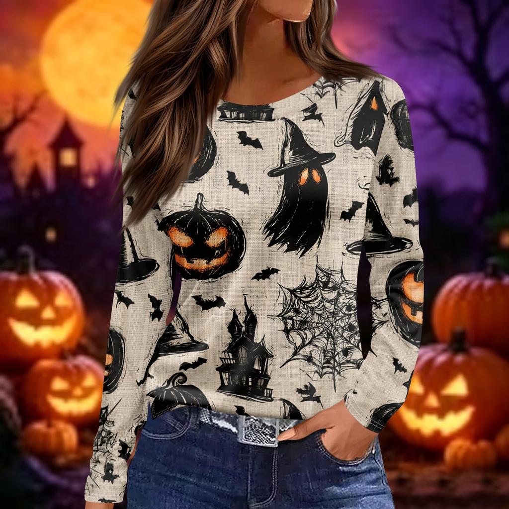 Women's Long Sleeve Neck Top with Halloween Print and Side Slit Hem for Party Casual Wear