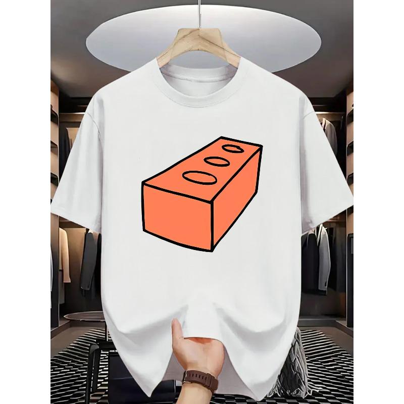 

[Playful Charm] Men S Casual Crew Neck T-Shirt with Building Block Pattern - Fun and Creative Summer Wear for Adults, Adult Tshirt | Comfortable Fit S белый