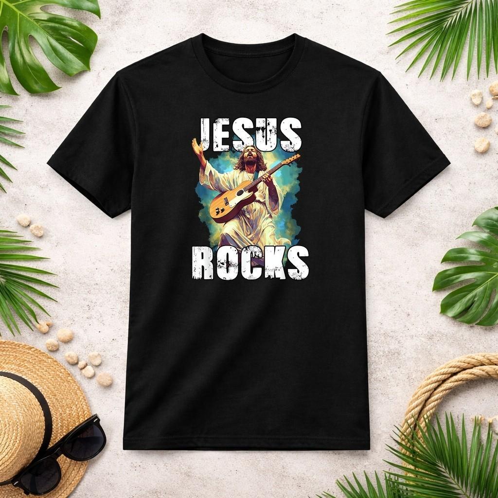 Jesus Rocks with Guitar - Funny Christian Rocks Church T-Shirt S-3XL S разноцветный