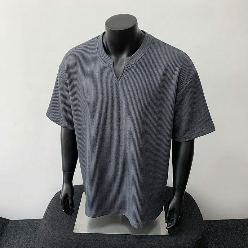 Men Waffle Knit Notch Neck Short Sleeve T Shirt Casual Loose Fit Summer Top