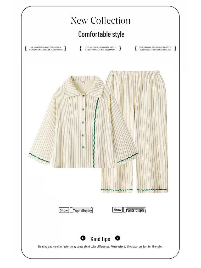 Women's Pure Cotton Striped Long-Sleeve Pajamas Set for Spring/Autumn, Wear Indoors or Out, Customizable Design Available.