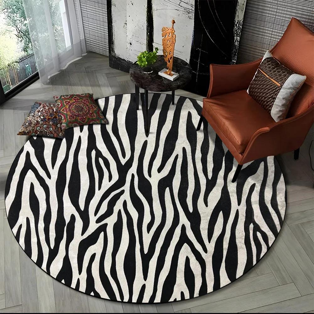 3D Barevný Pruhovaný Vzor Zebra Kulatý Koberec pro Obývací Pokoj, Ložnici, Dětský Herní Koutek Dekor, Protiskluzová Podložka do Zóny pro Domácí Mazlíčky