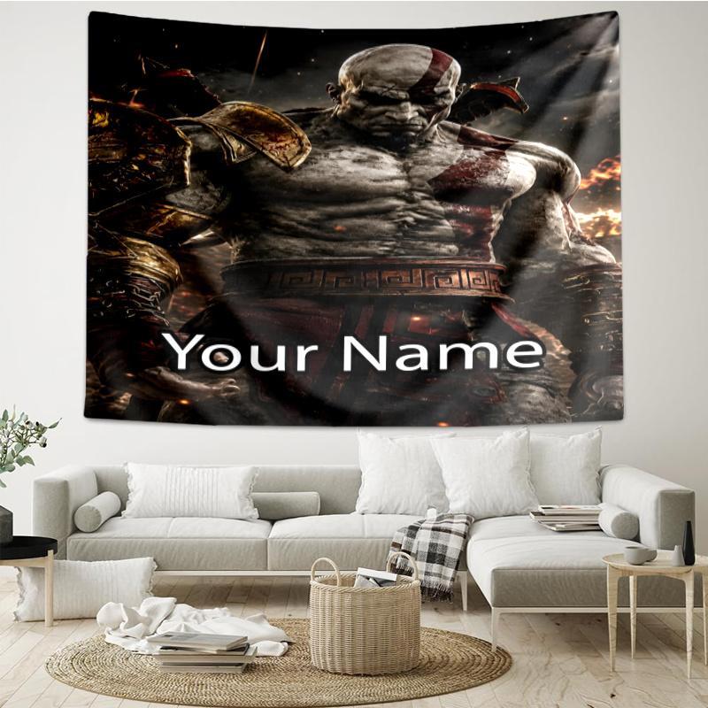 Custom Name God of War Print Tapestry, Backdrop, Easy Setup, Ideal for Bedroom, Office & Living Room, with Aesthetic Wall Hanging Decor.