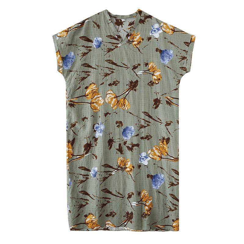 Sommer V-Ausschnitt dünne Baumwolle und Leinen Übergröße locker literarisch Urlaubs-Wind Strandrock Retro fleischbedeckender langer Umhang