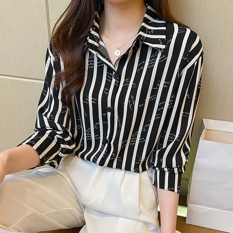 Jarní a podzimní dámská košile Módní pruhovaná košile Volný Jednoduchý Kariéra Šifonová košile s dlouhým rukávem Dámská halenka