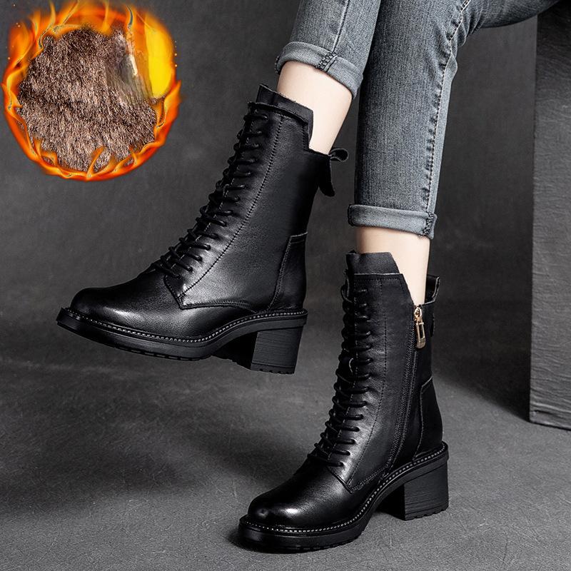 Johnature Stivali invernali Scarpe da donna in vera pelle Peluche Stivali con plateau da cucito per il tempo libero fatti a mano con punta tonda calda