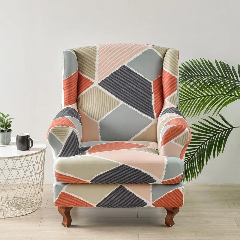 Stretch Wing Chair Cover Elastic Spandex Wingback Sofa Cover Nordic Flower Armchair Covers with Cushion Case Furniture Protector