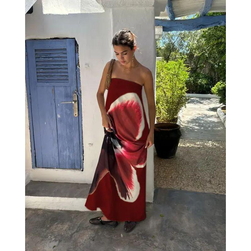 European and American Women clothes Summer New Print Tube Top Large Backless High Waist Travel Dress Printed Dress