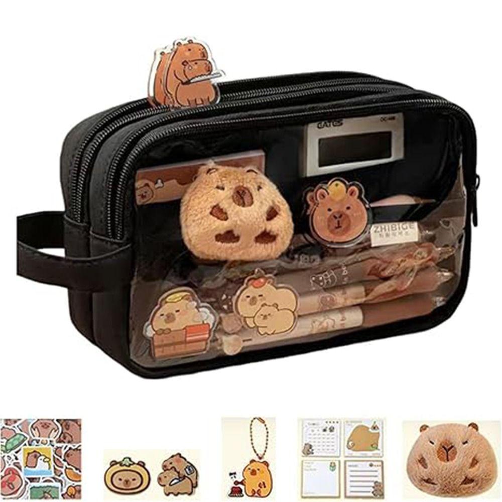Creative Capybara Pen Case 5 Layers Large Capacity Cartoon Pencil Box with Front Pocket Cute Capybara Pen Holder School Supplies