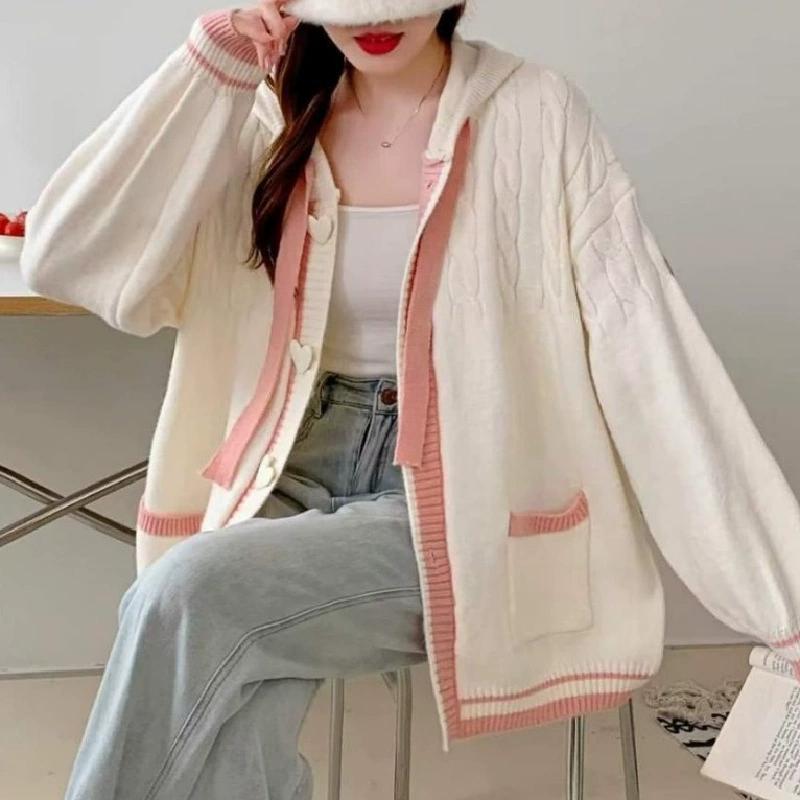 College Style Loose Fitting Hooded Junior High School Cardigan for Spring and Autumn Fashion, Student Knitted Jacket for Women, Cardigan for Women