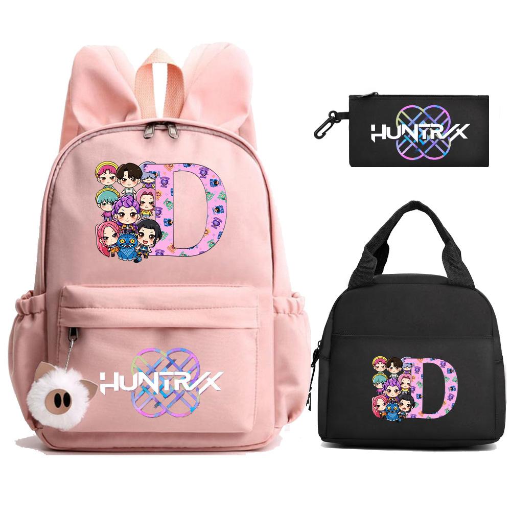 3Pcs/set 26 English Letter Kpop Demon Hunters Printed Backpack with Lunch Bag Pengcil Case for Teenager Girl Boy Large Capacity Bookbag Travel Bag