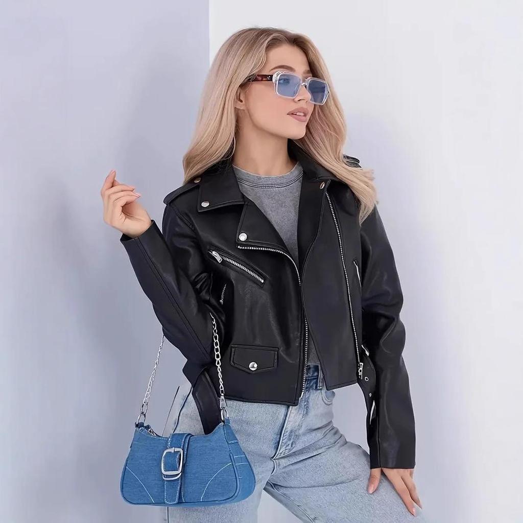 Damen Slim Fit PU-Leder Motorradjacke mit schrägem Reißverschluss