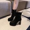 Fashion Women's Platform Cow Suede Booties Fall New Square Toe Rear Zipper Anti-Slip Wear-Resistant High Heels