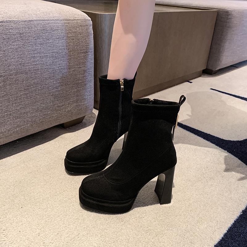 Fashion Women's Platform Cow Suede Booties Fall New Square Toe Rear Zipper Anti-Slip Wear-Resistant High Heels