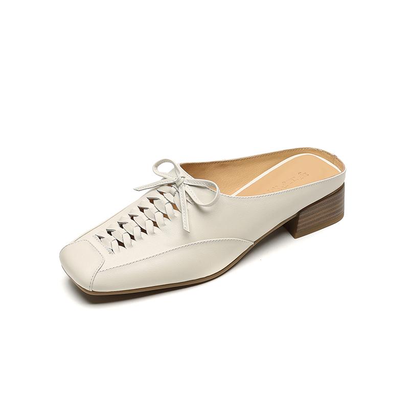 Fashion 2024 NEW Summer Women Mules Genuine Leather Shoes for Women Cover Toe Chunky Heel Slippers Square Toe Slingback Designer Sandals