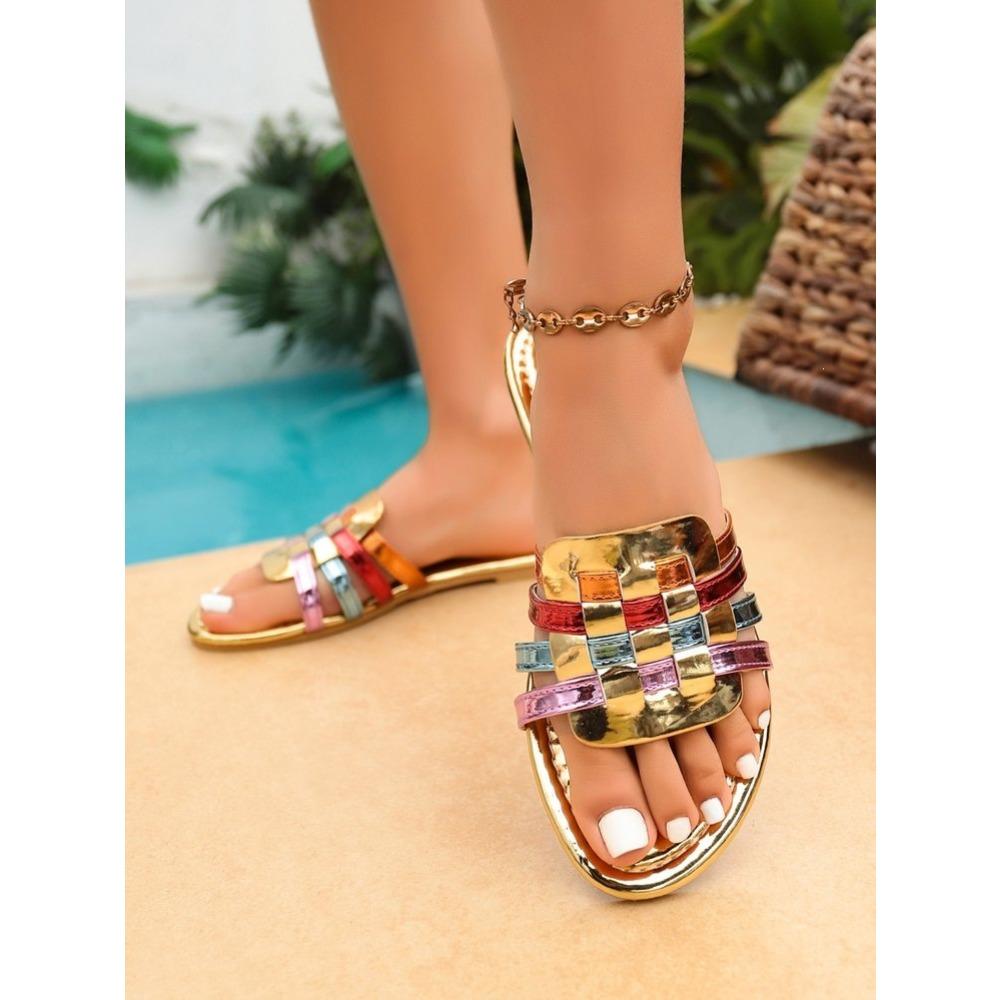 Women's Color Block Chunky Heel Slide Sandals, Square Toe Patent Leather Comfort One-Strap Sandals for Women