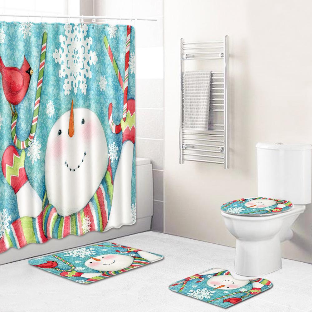 Christmas Shower Curtain Floor Mat Combination Four-Piece Set Bathroom Toilet Carpet Shower Room Mat Foot Mat