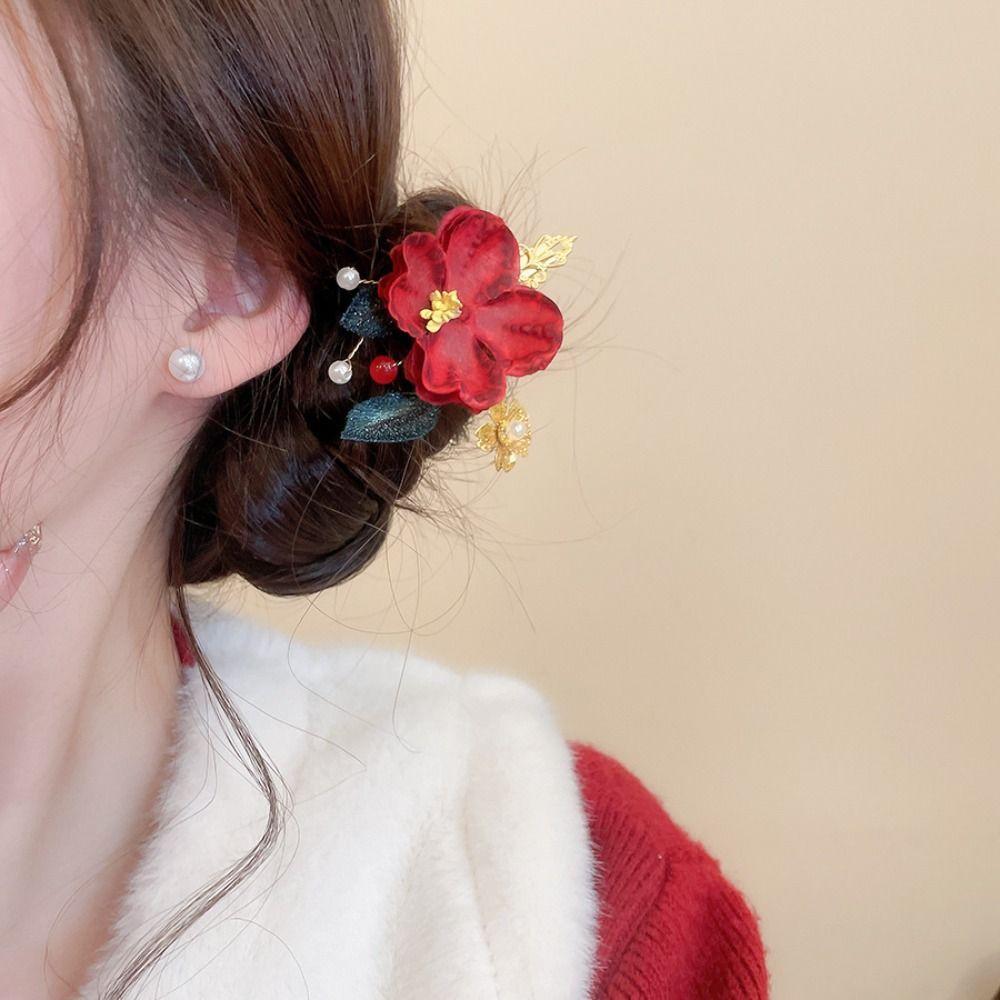 Retro Chinese Style Hair Stick Tassel Pearl Hanfu Hairpin Elegant Red Flower Hair Clip  Girls
