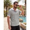 Men's Waffle Knit Color Block Hooded Drawstring Button Short Sleeve T-Shirt.