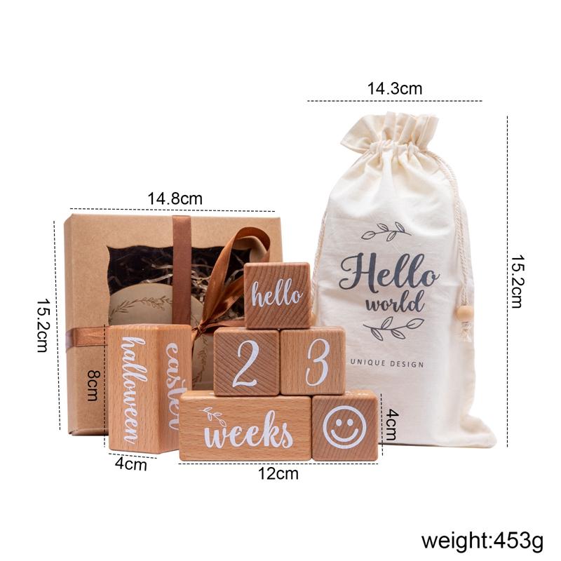 6pcs/1Set Baby Month Milestone Card Beech Block Square Engraved Newborn Birth Month Birthday Milestones Block Photography Props
