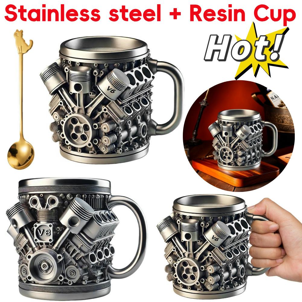 1/2 Piezas Taza de Café con Diseño de Motor de Coche 3D Taza de Acero Inoxidable y Resina Tazas de Cerveza Accesorios Divertidos para Beber Para el Hogar y la Oficina Bar