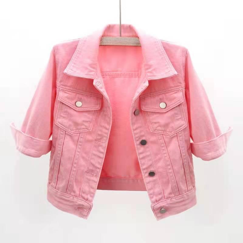 

Весняно-літня універсальна джинсова куртка з рукавом три чверті, жіночий короткий верхній одяг, тонка корейська куртка XL рожевий