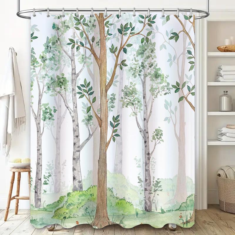 Nature-Inspired Bathroom Decor Shower Curtain Waterproof Fabric Trees Floral Design Greenery Decorative Home Decoration for Bath