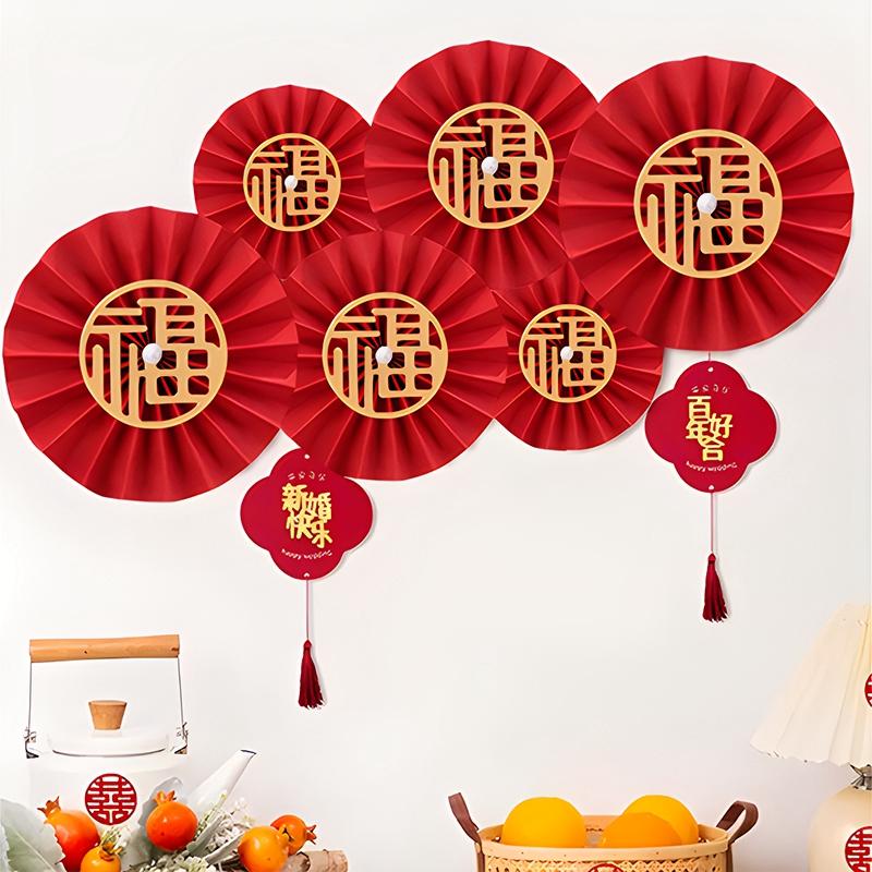 Chinese New Year Paper Fan Decor Chinese Wedding Red Paper Fan Hanging Ornament Crafts  Home Spring Festival Wedding Party Decor