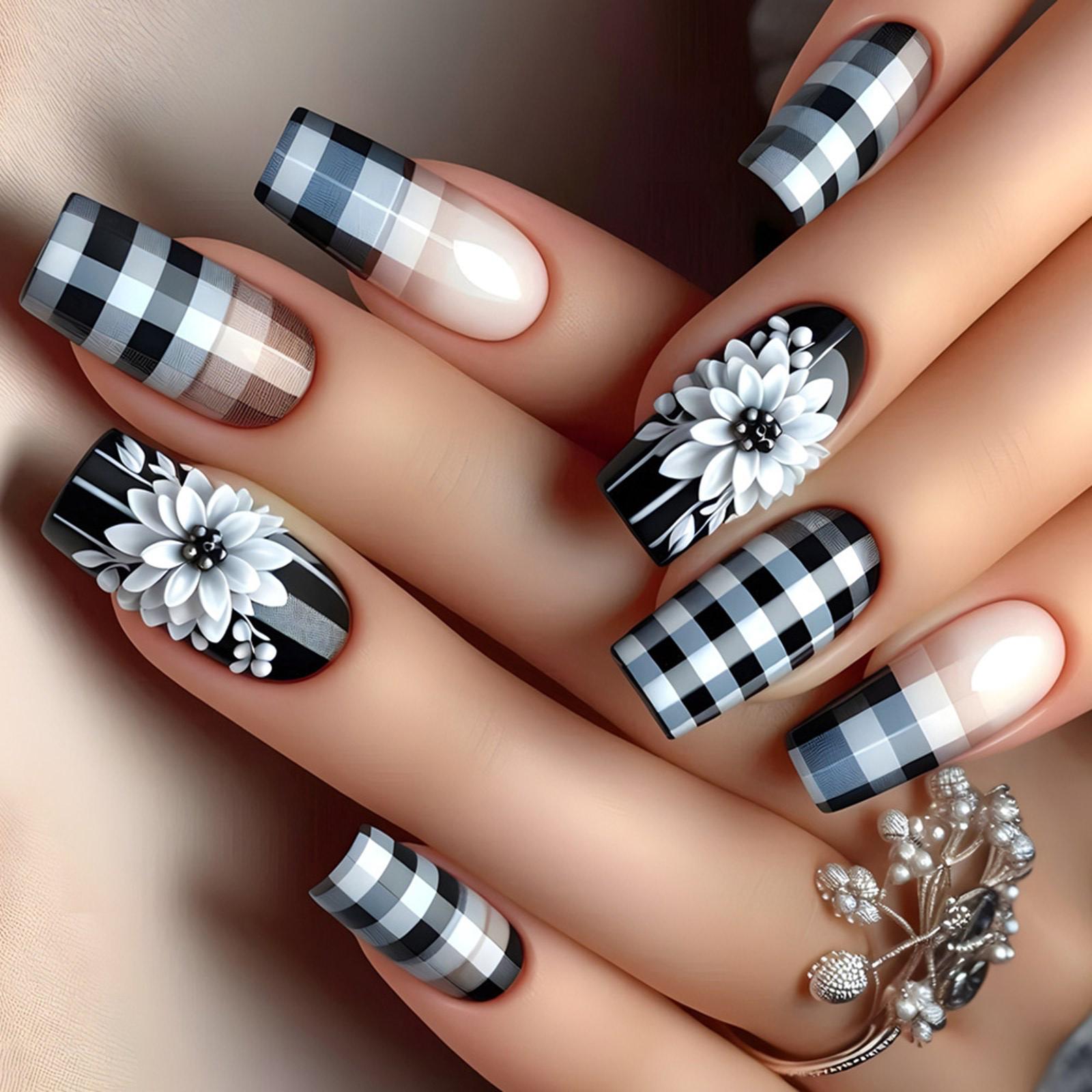 

24 шт. белые цветы искусственные ногти французский накладной ноготь шахматная доска пресс на ноготь средний квадрат наклейка на ноготь для вечеринки