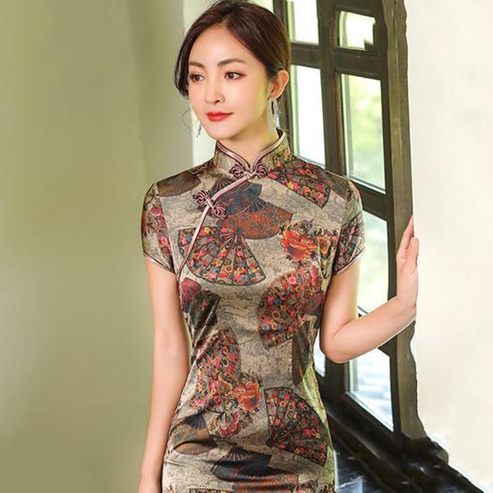 Mandarin Collar Short Sleeve Disc Buckles Smooth Traditional Qipao Chinese Style Mountain