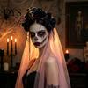 Halloween Ghost Bride Costume Gothic Flower Headband with Veil, Spooky Black Rose Dead Branch Skull Headpiece, Witch Hair Band Day of The Bridal Veil