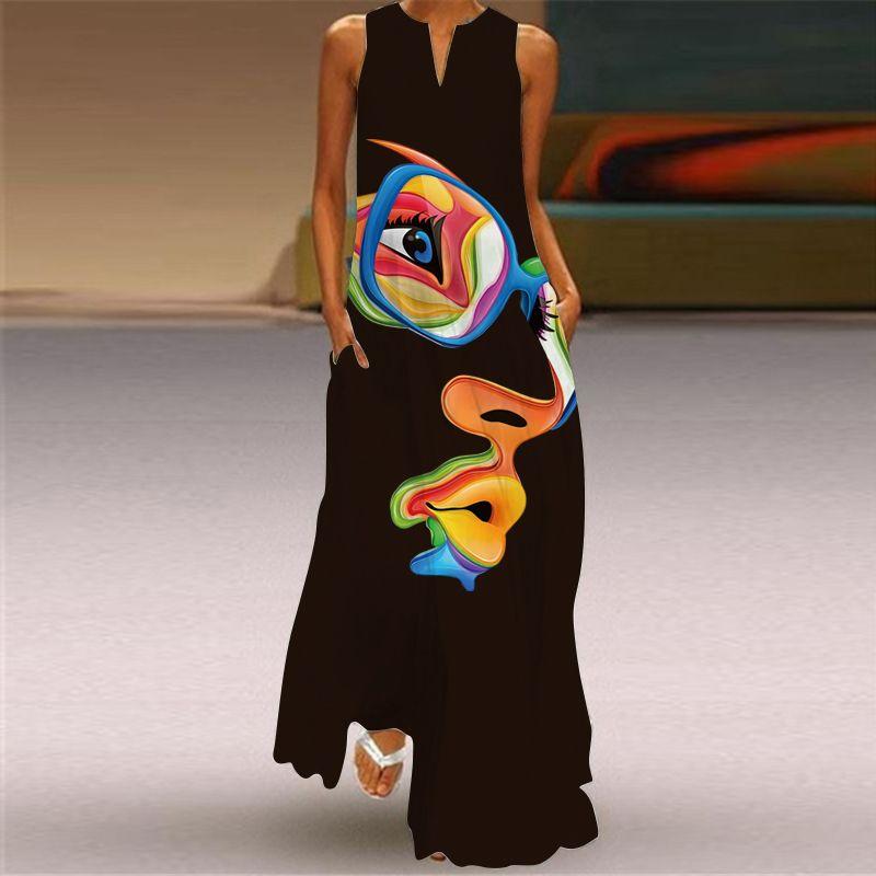 2025 New Arrival Dress Spring and Summer Thin Plus Size Women's Clothing 3D Print Fashion V Neck Pocket Large Swing Dress