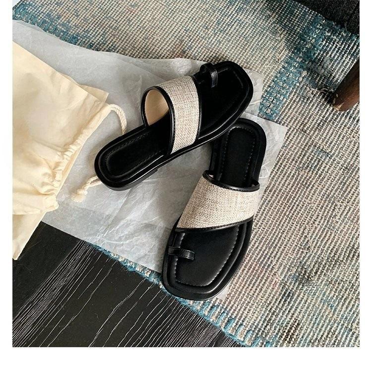 Square head cover toe straw woven flat slippers women's summer wear new casual sandals belt