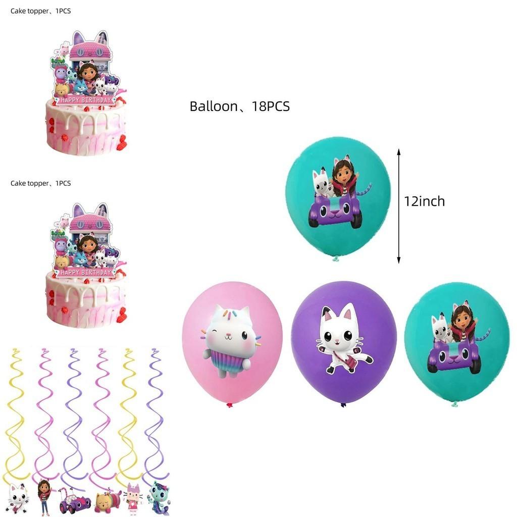 Komplettes Gabby's Dollhouse Kinderparty Deko-Set mit wiederverwendbaren Bannern, Ballons und Kuchenfiguren