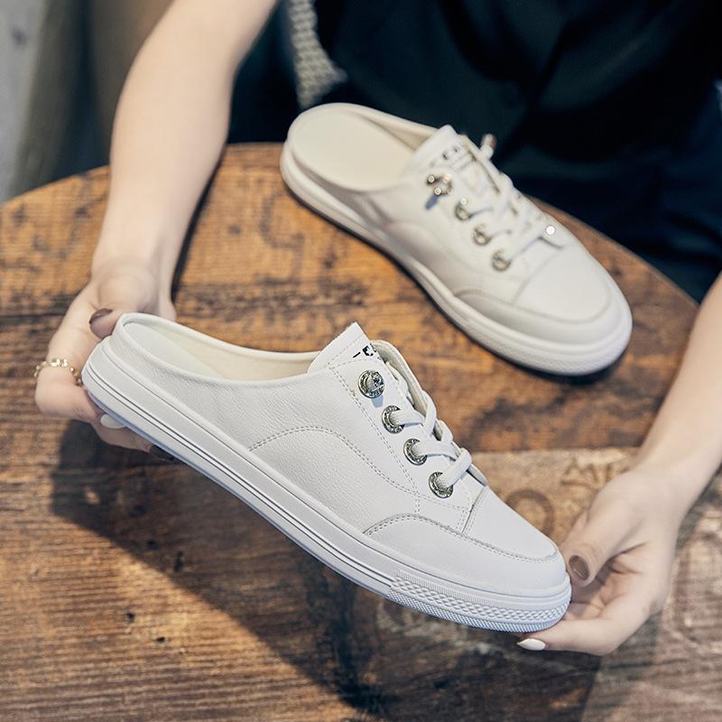 

Полутапочки Baotou, женская верхняя одежда, модные летние новые стильные сандалии на плоской подошве без каблука, маленькие белые туфли с кожаной поверхностью