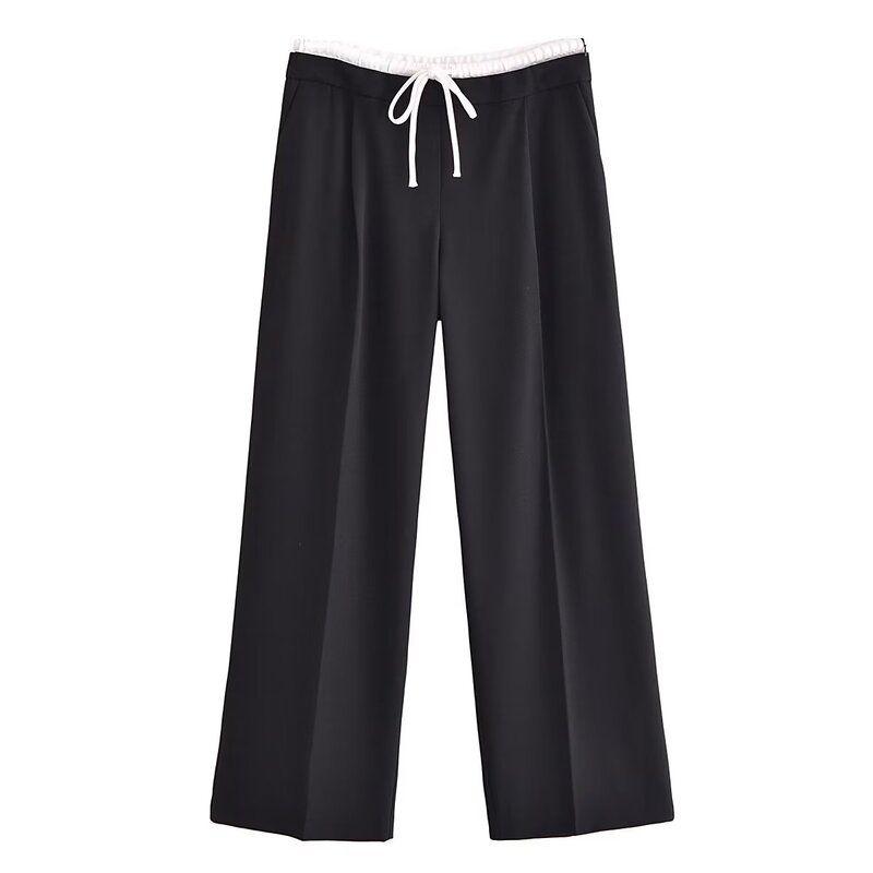Fashion Style Fall Women's Clothing Black Panel High Waist Trousers