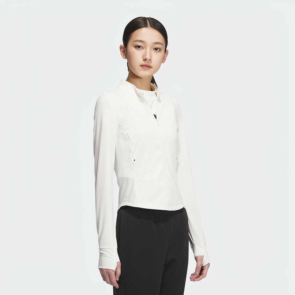 adidas Jachetă pentru femei cu logo din tricot tehnic, culoare solidă, protecție solară, croială slim fit, guler înalt, mânecă lungă, Han-Jade-White KE5779