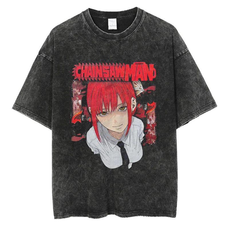 Nouveau T-shirt de haute qualité Chainsaw Man Anime pour hommes et femmes en coton avec impression lavée vintage Streetwear Rétro Hauts de Sport Fitness