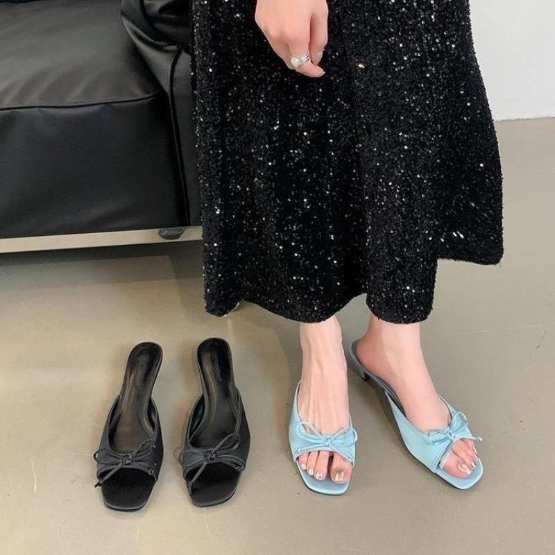 Fashion New Comfortable Low Heel Square Head Sandals Sweet Bow Silk Thick Heel Slippers for Ladies Outwear Blue Slides